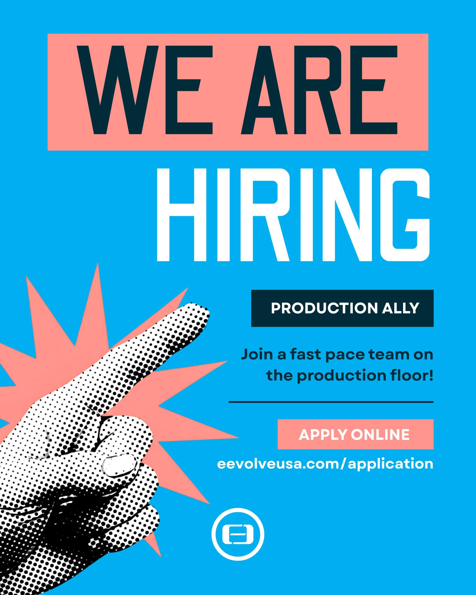 We're Hiring! We need a Production Ally!
Ready to jump in and make things happen? We're looking for an energetic team player to join the EEVOLVE crew! You'll help wrap up orders, keep things organized, and support our awesome production team.
Let's do this together! Apply now using the link in our bio.
#NowHiring #JoinTheFun #EEVOLVE #GoTeam