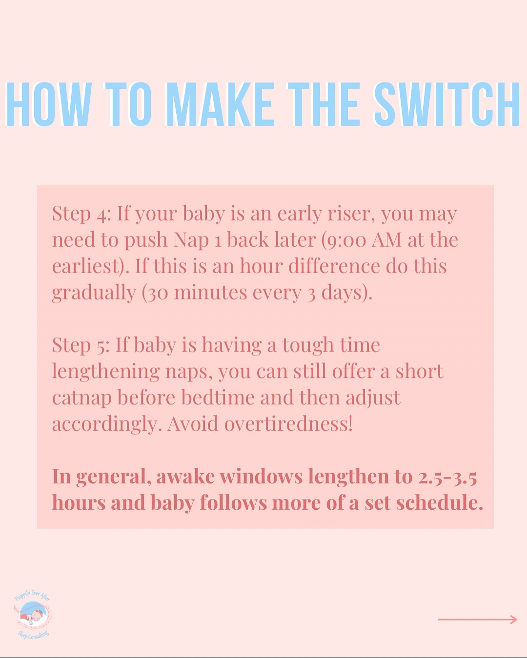 🌟3 to 2 Nap Transition
Signs They’re Ready
✨Your baby was a super star napper, but nap lengths are getting shorter.
✨Your baby takes longer to fall asleep or has been able to stay awake longer between naps.
✨There’s not enough time in the day to fit nap 3 in without bedtime getting pushed back super late.
✨Some days your baby ends up fighting the 3rd nap and earlier bedtime is easier than squeezing that 3rd nap in.
How to Make the Switch
✨This transition usually happens between 6-8 months. Baby should be showing these signs consistently for at least 2 weeks.
✨Full adjustment can take between 2-4 weeks and your baby may seem tired at their usual time.
✨Avoid car naps and stroller rides before the first nap of the day. A catnap before bedtime may be needed at the beginning.
✨Be prepared to move bedtime earlier during the transition.
1️⃣Start by moving the first 2 naps later by 30 minutes allowing your baby to sleep as long as they want. This will help remove the third nap.
2️⃣The goal is that each nap is 1.5 hours. Plan on moving bedtime earlier during this transition depending on how long your baby sleeps for these 2 naps.
3️⃣If the nap is under an hour, give your baby time to fall back to sleep, don’t just call the nap over.
4️⃣If your baby is an early riser, you may need to push Nap 1 back later (9:00 AM at the earliest). If this is an hour difference do this gradually (30 minutes every 3 days).
5️⃣If baby is having a tough time lengthening naps, you can still offer a short catnap before bedtime and then adjust accordingly. Avoid overtiredness!
✨In general, awake windows lengthen to 2.5-3.5 hours and your baby follows more of a set schedule.
Final Tips
✨Your baby may experience some difficulties during this transition, which is normal, the schedule should regulate after 2 weeks
✨Once you decide to make the switch, don’t go back to always offering nap 3, earlier bedtime is the better option
✨Bedtime needs to be earlier to help with this nap transition, 6:30/7:00 pm is the time I recommend, can be pushed back once the transition is complete and naps lengthen
Did this post help? Questions? Like, Comment, Share & Save this post!