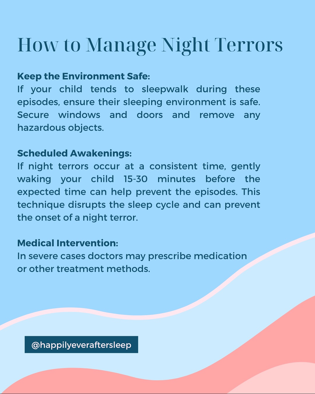 Understanding Night Terrors & Nightmares 👻
🌙 Night Terrors
🌚 Occur within the first few hours after a child falls asleep, usually during Non-REM Sleep.
🌚Characterized by intense fear, screaming, sweating, kicking or thrashing, confusion, and even sleepwalking.
🌚These episodes can last from a few minutes up to 30 minutes and are most common in children ages 3-7 years old.
🌚A child experiencing a night terror is difficult to wake or comfort during the episode and typically has no memory of the event afterward.
Night Terrors Can Be Caused By:
🌙 Sleep deprivation
🌙 Stress
🌙 Fear
🌙 Sleep Schedule Disruptions
🌙 Certain Medications
🌛Nightmares
🌚Occur during the second half of the night or early morning, usually during REM (rapid eye movement) Sleep, when we dream.
🌚They are a frightening dream that causes your child to wake up with strong feelings of fear, anxiety or stress.
🌚Nightmares are most common in children ages 3-12 years old, but peak between the ages of 3 and 6, as well as ages 5-9.
🌚Your child will remember a nightmare the next day and may continue to be upset by it.
Nightmares Can Be Caused By:
🌛Overtiredness
🌛Stress and Anxiety
🌛Scary movies, books or shows
🌛 Traumatic events
How You Can Help Your Child:
⭐️Maintain a Consistent Bedtime Routine
⭐️Ensure Adequate Sleep
⭐️Minimize Stress
Specifically For Night Terrors:
✨Keep the Environment Safe
✨Scheduled Awakenings
✨Medical Intervention
Specifically For Nightmares:
🌟Provide Comfort
🌟Talk About It
🌟Limit Scary Content
🌟Security Object
Was this helpful? Follow me for more Baby & Toddler Sleep Tips! 😴
