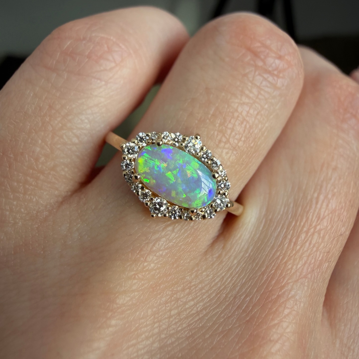 14K Yellow gold ring with Australian Dark Opal and Diamonds ✨ SZ 7. Available on our website {sold}