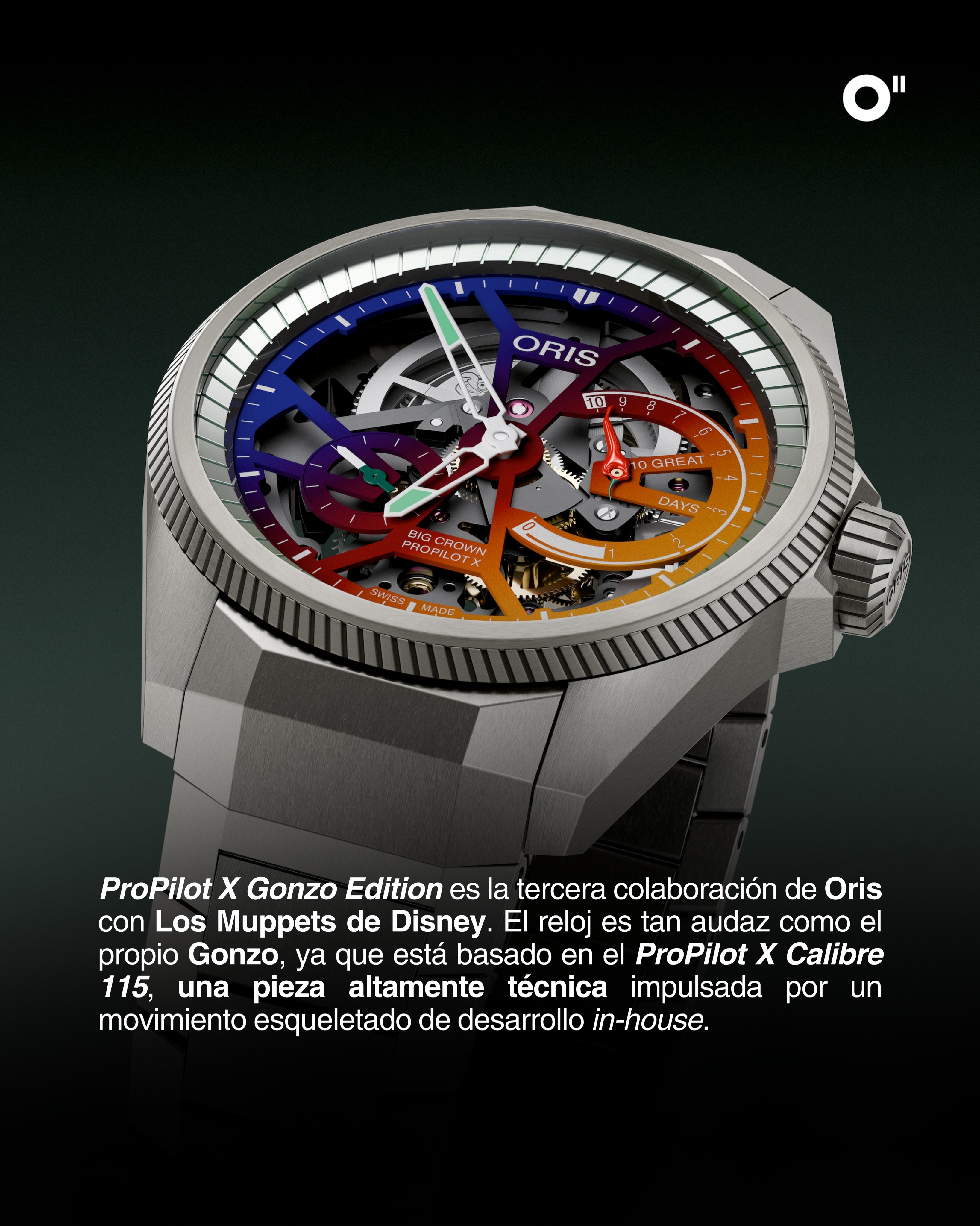 #GenevaWatchDays | @oris continúa su colaboración con @themuppets de Disney y esta vez cede el escenario a The Great Gonzo con el nuevo ProPilot X Gonzo Edition, una interpretación tan excéntrica como su protagonista.
El gran truco ocurre dentro del movimiento. Cuando se da cuerda al reloj, pequeños grabados láser distribuidos sobre el muelle real de 1.8 metros se alinean hasta formar el rostro de Gonzo. Conforme se agota la reserva de marcha, la imagen vuelve a dispersarse. El calibre 115, de cuerda manual, ofrece 10 días de autonomía, acompañados por un indicador no lineal cuya aguja adopta la forma de uno de los chiles de las icónicas camisas del personaje. La carátula esqueletada muestra un degradado de azul, rojo y amarillo, y un anillo tratado con láser que cambia de color según la luz. La caja de titanio mide 44 mm.
#Oris #Gonzo #TheMuppets #TiempoDeRelojes